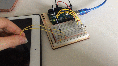 Gif showing a person holding a small black cylinder with wires coming out of it (a photosensor) near the face of an iPad on a table. At the end of the wires of the photosensor is an Arduino attached to a breadboard, which has some small red LEDs on it which are blinking at first. The iPad is sleeping, but when it wakes up and the screen lights up, the red LEDs shut off and bright white LEDs on the breadboard begin to blink in response.