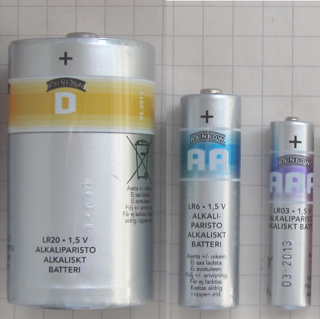 AA, AAA, and D batteries, modified from user "Lead holder"'s [original image at Wikimedia Commons](https://commons.wikimedia.org/wiki/File:Batteries_comparison_4,5_D_C_AA_AAA_AAAA_A23_9V_CR2032_LR44_matchstick-1.jpeg) and released under CC BY-SA 3.0