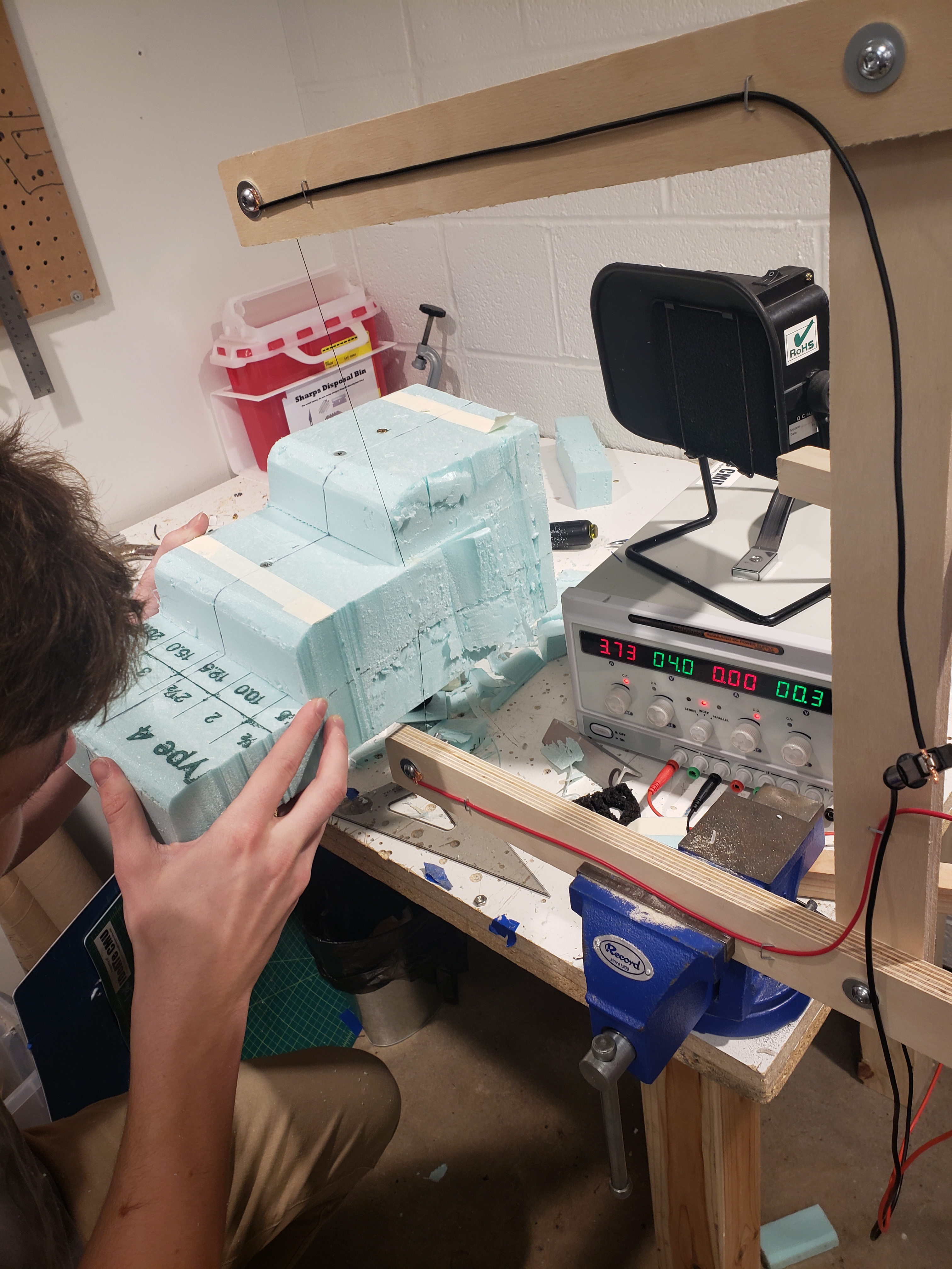 Nick was cutting the foam for vacuum forming the second iteration of the main fountain part.