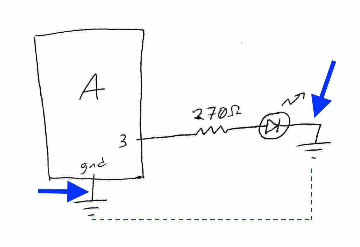 Schematic illustrating an Arduino with pin 3 connected to a 270Ω resistor, to the positive leg of an LED, back to the Arduino's ground; an arrow points to the connection between the shorter leg of the LED and ground.