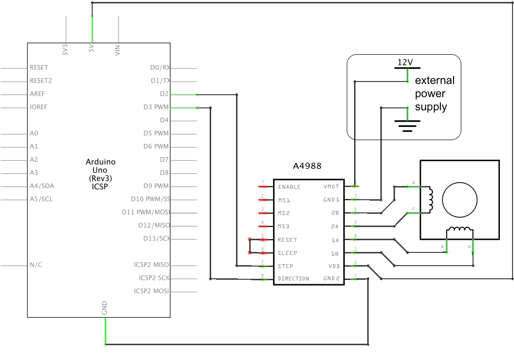 Schematic drawing of circuit with Arduino, A4988 stepper driver, and 