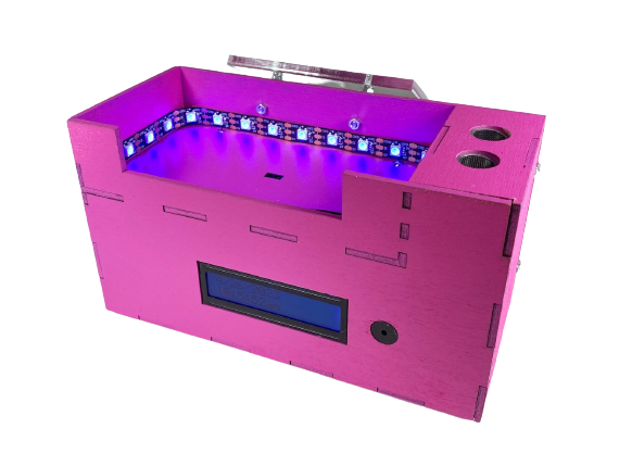 Pink open-top wooden box with LED illumination. Facing the viewer, a small LCD display screen is inset, reading the date and time.
