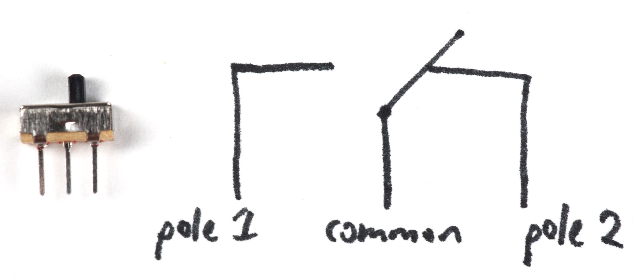 Image of a small one-row single-pole double-throw switch on a white surface. Its switch is positioned to the right, and so it is currenctly connecting its center pin to its right pin. A schematic diagram shows that the other possible configuration is that when the switch is to the left, it will connect the center pin to the left switch pin.