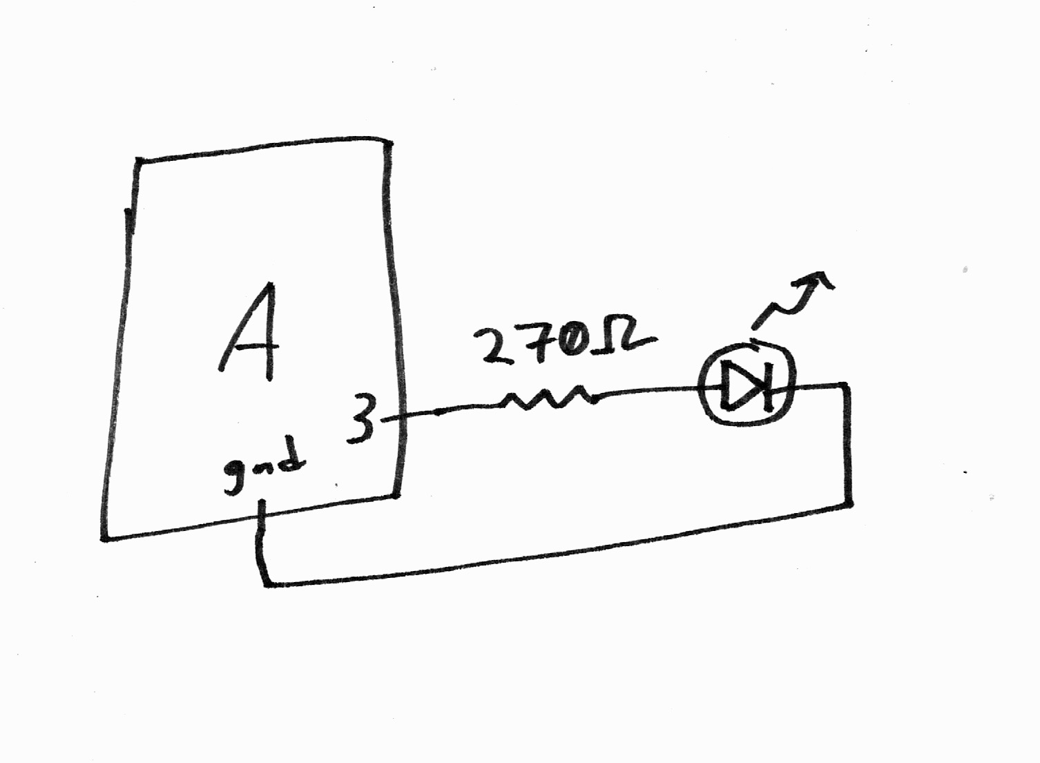 Schematic illustrating an Arduino with pin 3 connected to a 270Ω resistor, to the positive leg of an LED, back to the Arduino's ground