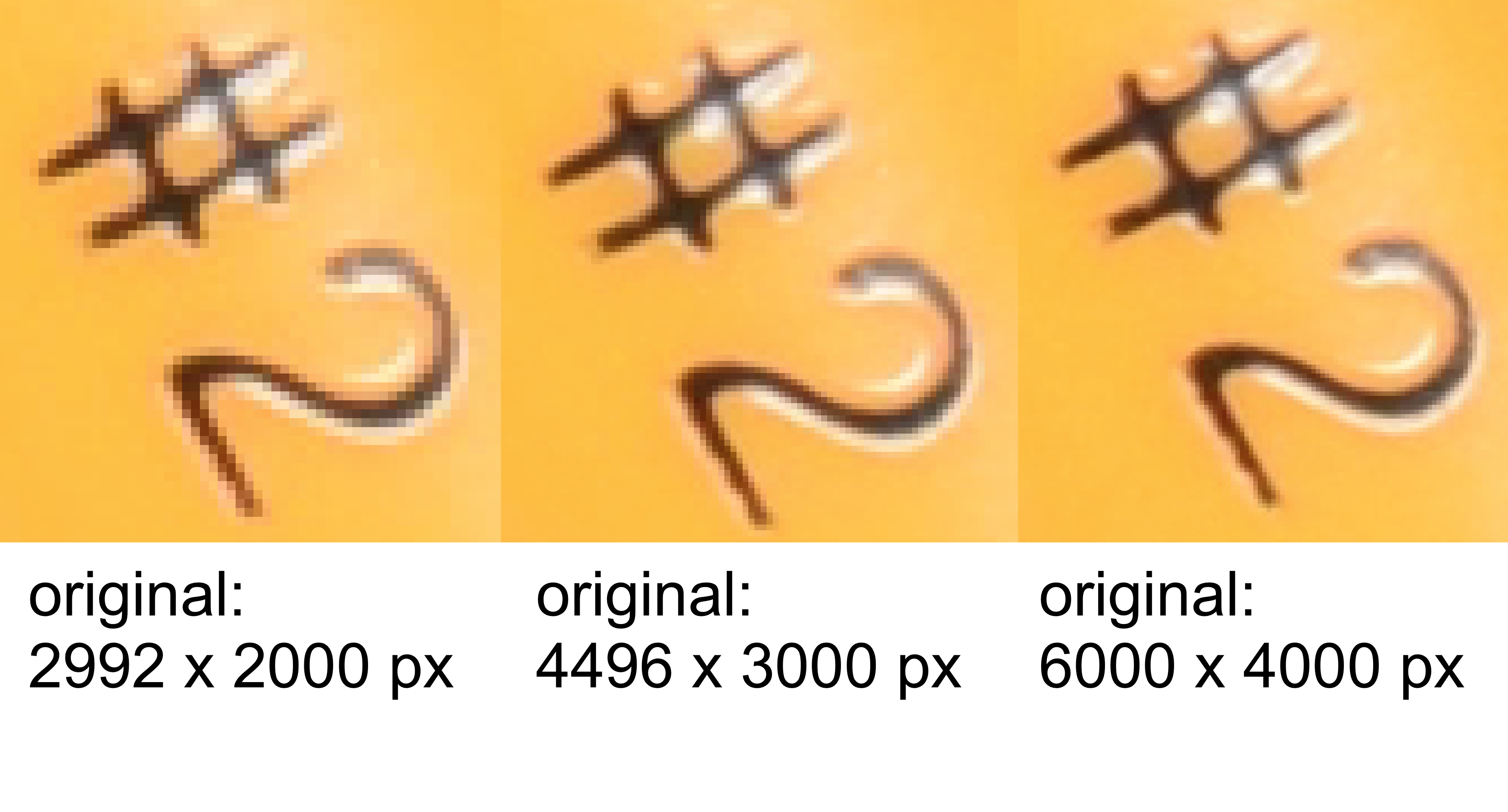 Comparison image showing three different very small crops of the above still life; all three images are only the "#2" written on the pencil. From left to right, the pixelation of the "#2" decreases as the original image quality increases from small to medium to large.