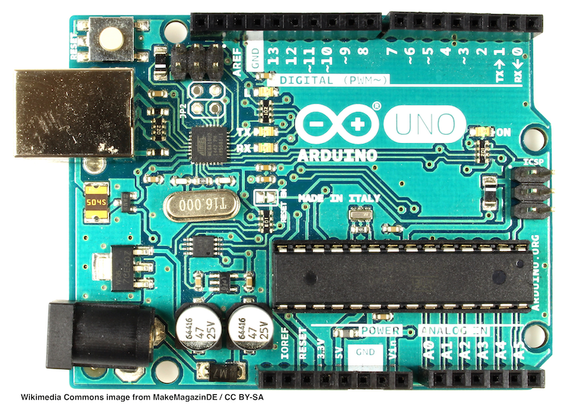 Photograph of Arduino Uno microcontroller.