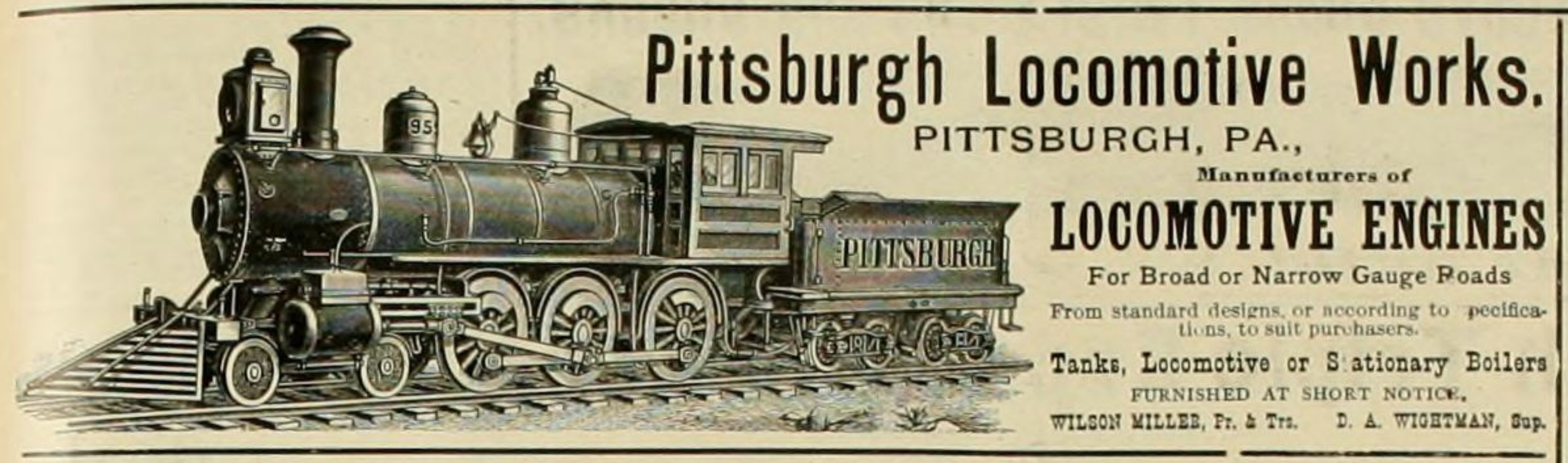 Image of a steam locomotive with the caption Pittsburgh Locomotive Works