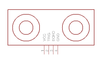 Ultrasonic ranger schematic. Inside of a horizontal rectangle are two circles, representing the ultrasonic transmitter and receiver. Four labeled wires stick out of the bottom center of the rectangle: VCC, trigger, echo, and ground.