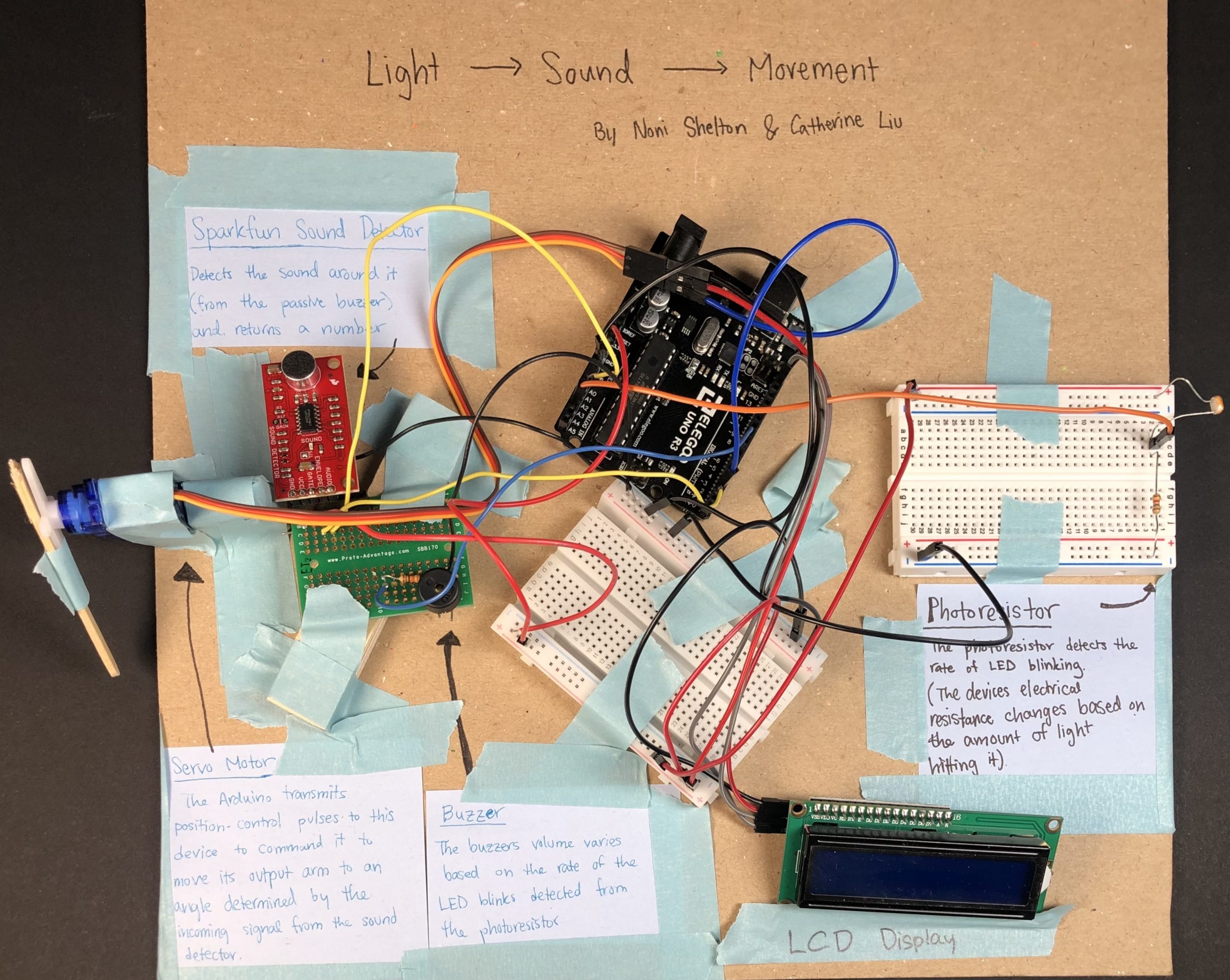 Noni's double transistor: photoresistor to buzzer to sound detector to rotational popsicle stick by a servo motor