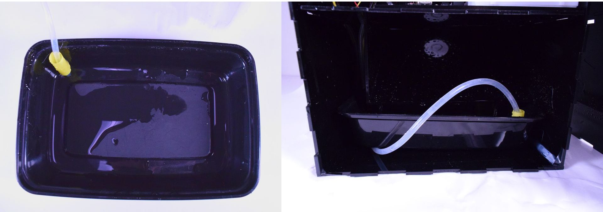Two images side by side. Left: Top view of bottom water container that catches the water from the drain. Right: Side view of bottom water container in its correct position in the fountain.