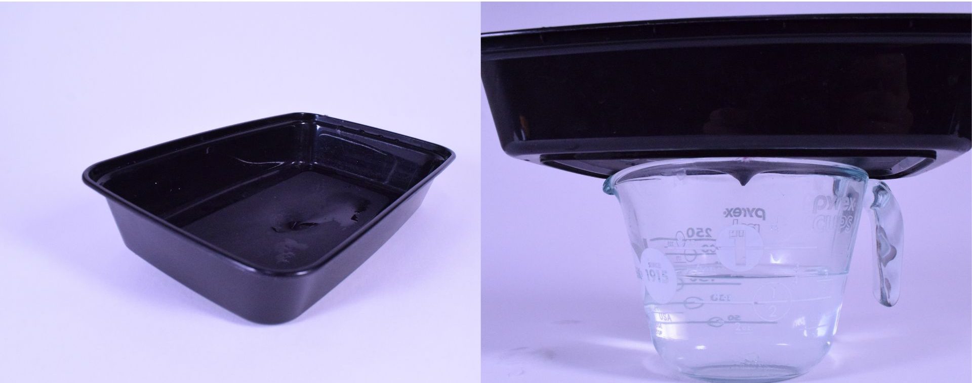 Two images side by side. Left: Top view of top water container that dribbles the water into the drain. Right: Bottom view of top water container showcasing the spigot that was made by melting a hole in the bottom. 