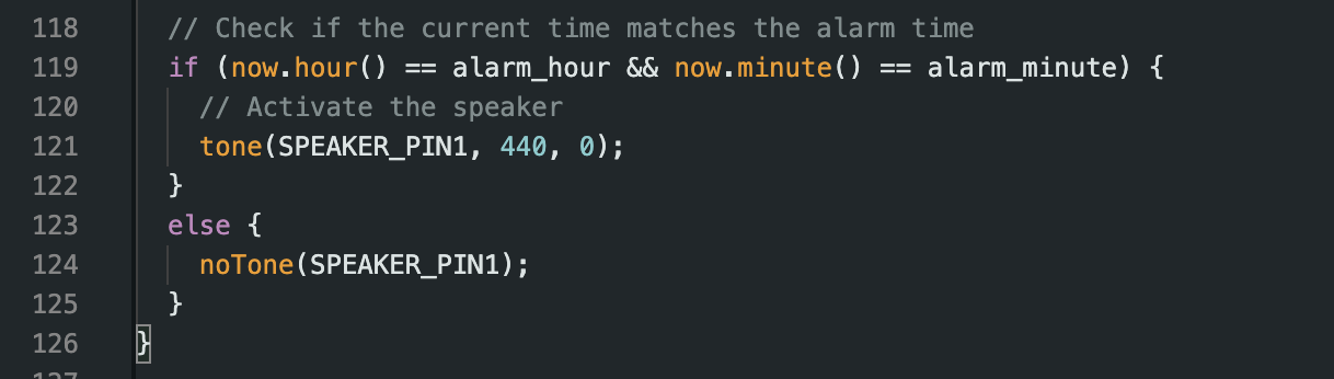 Slice of code that shows how alarm speaker triggered and turned off