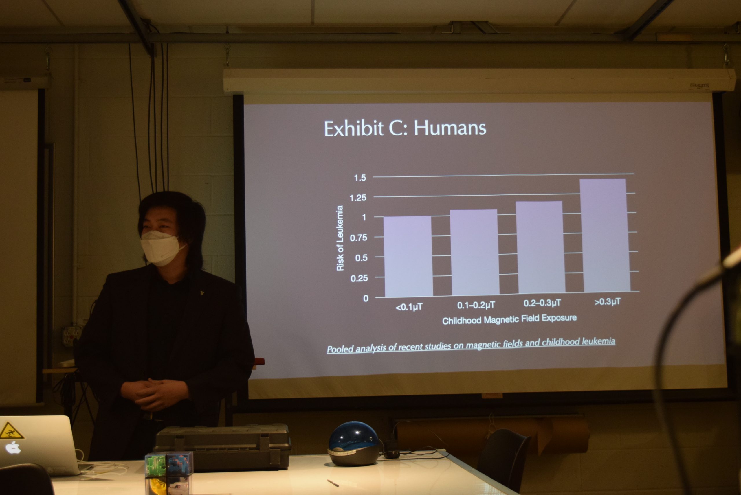 Mid-presentation: Andy standing in front of a slide which shows a graph of cancer rate vs childhood magnetic field exposure
