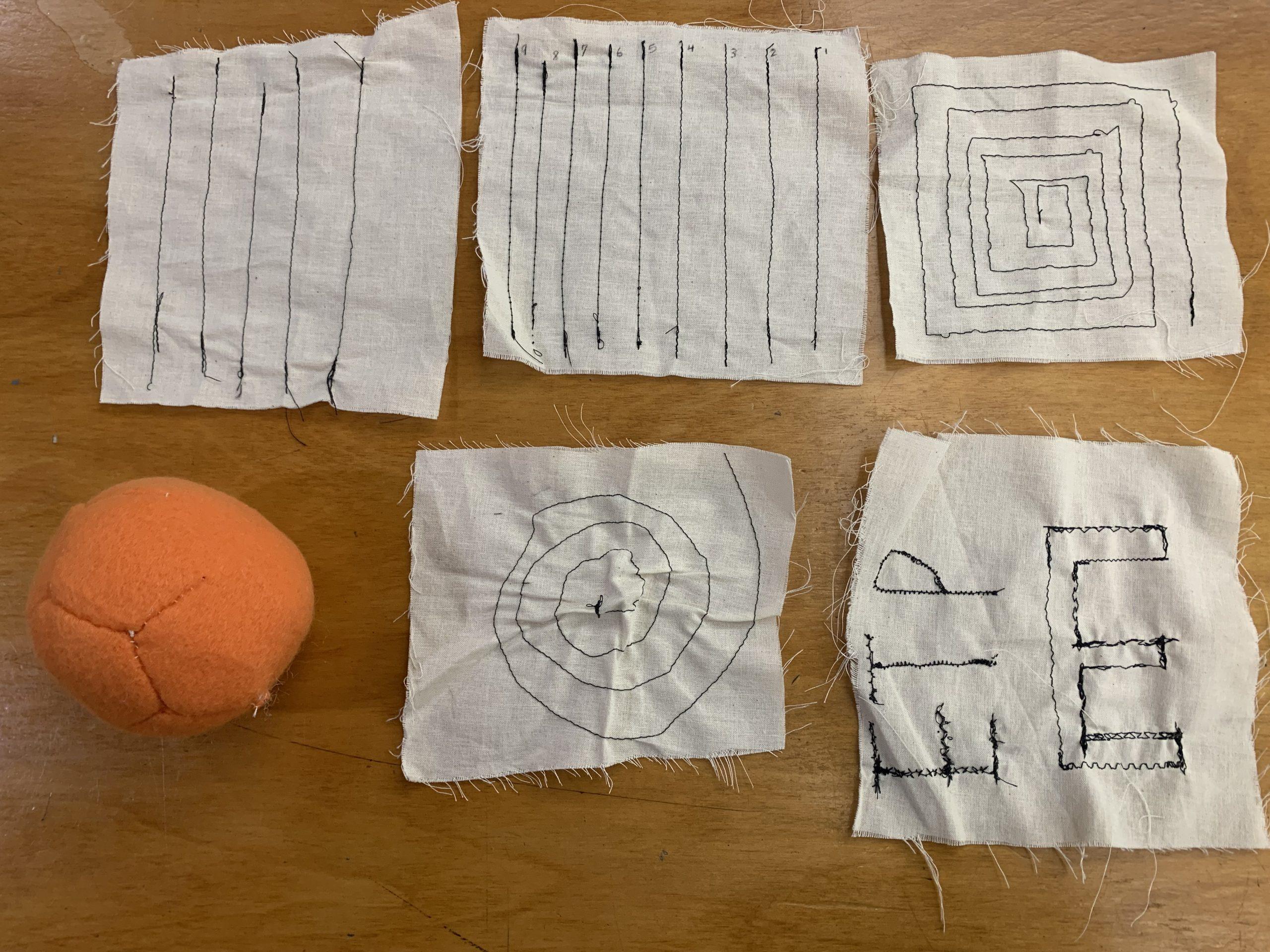 6 Sewing Samples: Straight Stitch, Tension Test, Square Spiral, Orange Ball, Spiral, Initials